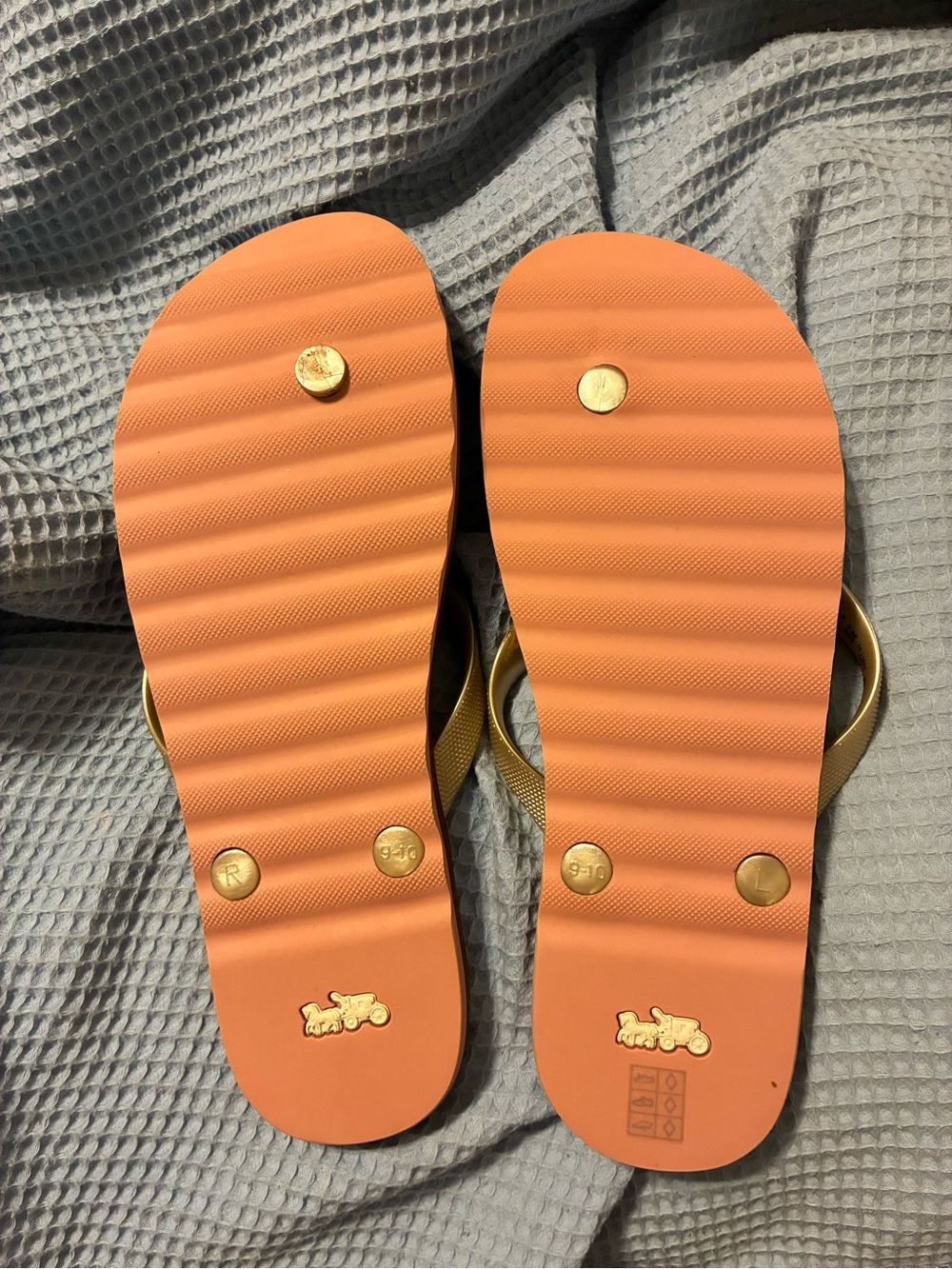 Coach Brown Signature Flip Flops with Gold Straps - Picture 2 of 2